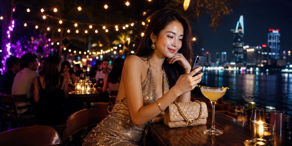 Người dùng Sài Gòn nhận cashback và kiểm tra số dư tài khoản trực tuyến gần bãi biển